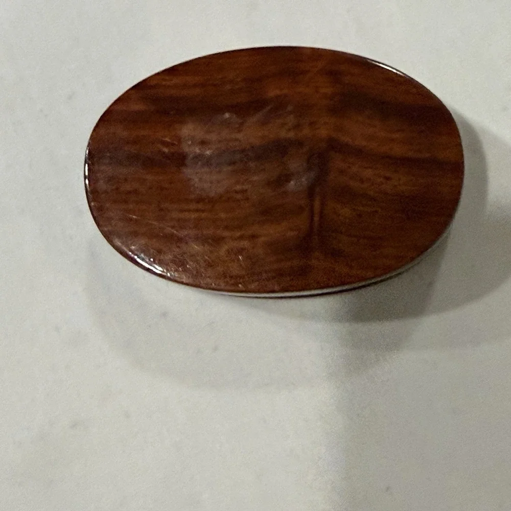Vintage Wood Inlay Trinket Box Oval Red Velvet Interior Asian Ox Rider Small‎